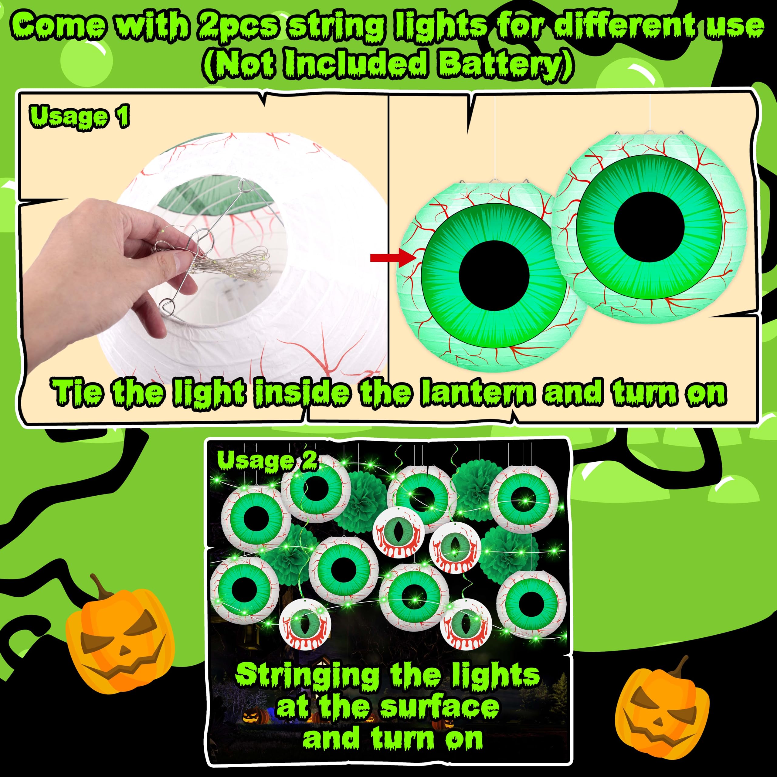 Halloween Green Eyeball Paper Lantern Set – 8 Pack with LED String Lights & Hanging Décor