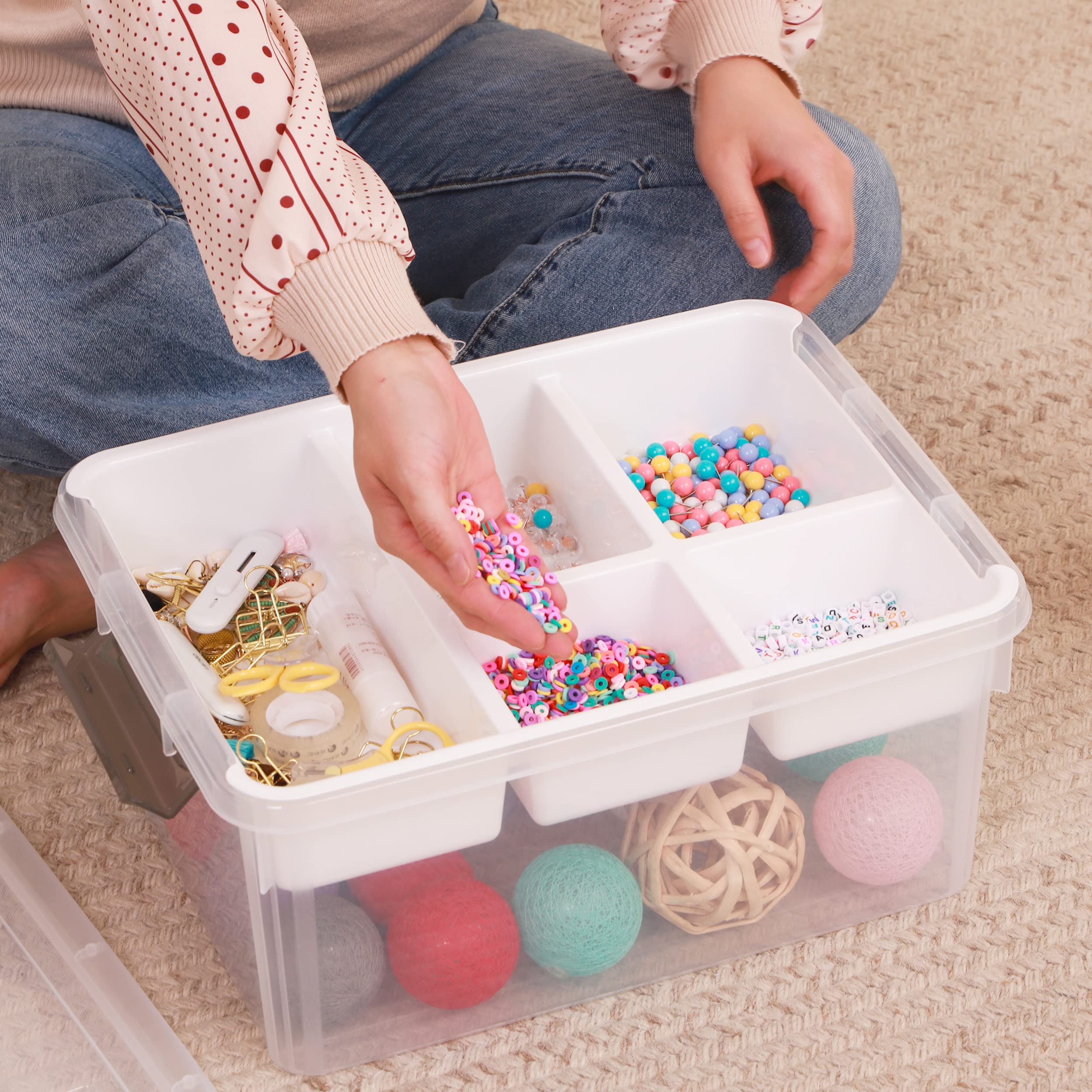 Citylife 17-Qt Plastic Storage Box with Removable Trays – Clear Craft & Tool Organizer for Beads, Sewing & Art Supplies (White)