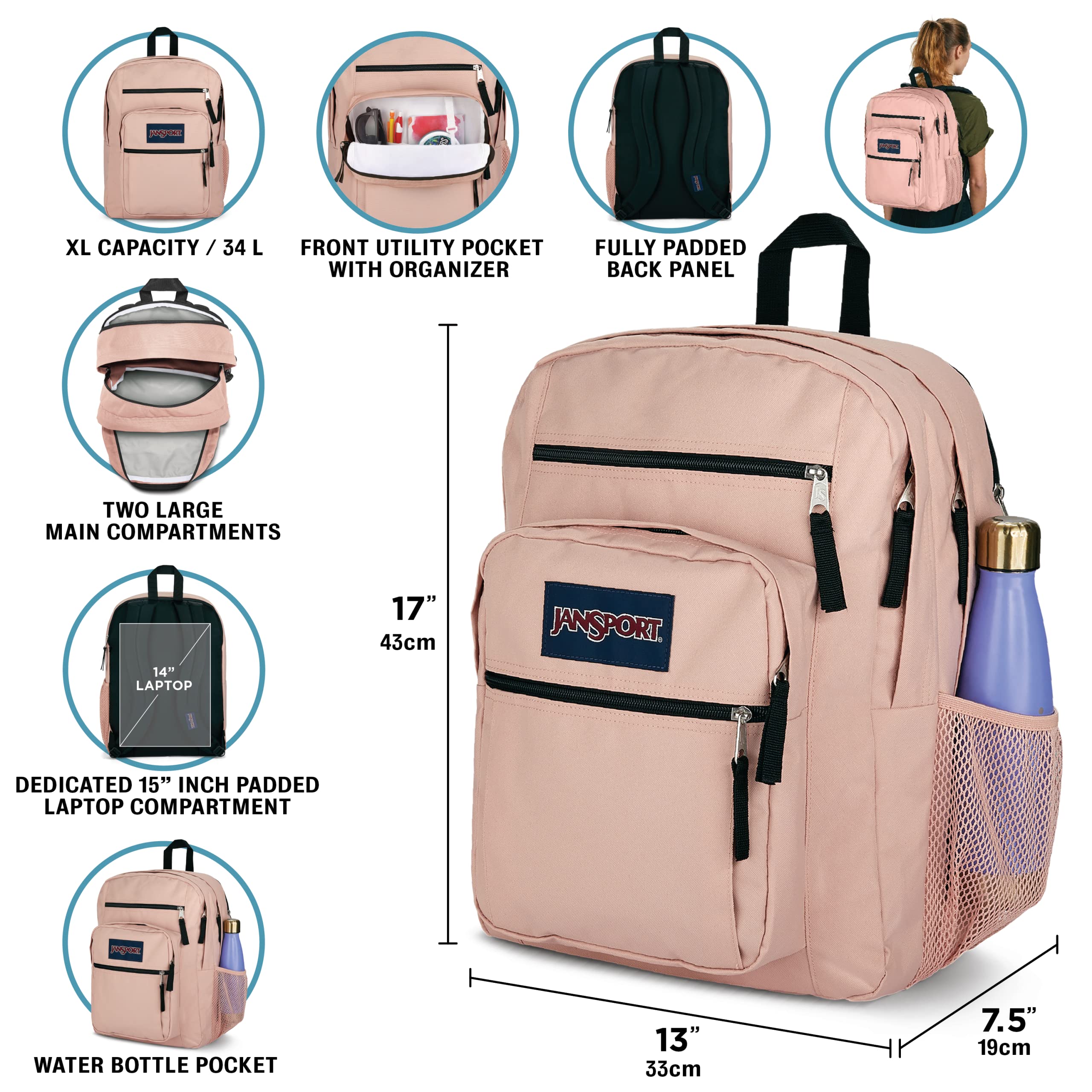 JanSport Big Student Laptop Backpack with 15″ Laptop Sleeve – Classic 2-Compartment School & Everyday Backpack (Black)