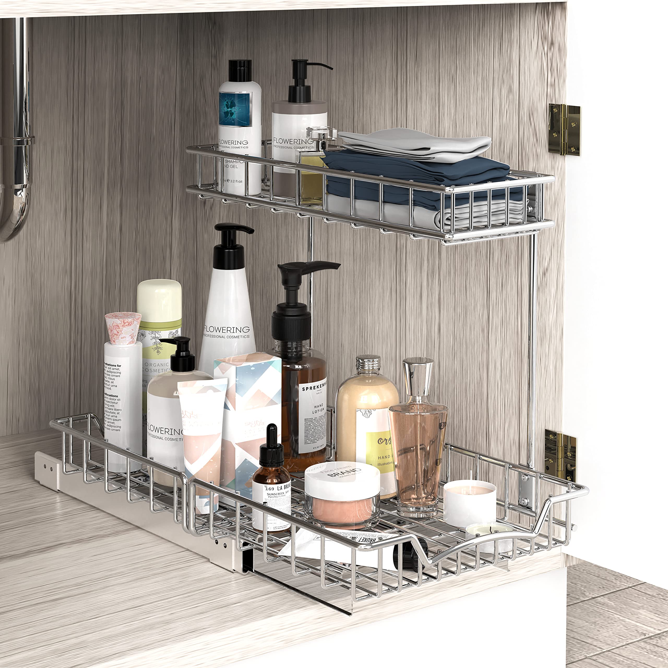 2-Tier Pull-Out Under Cabinet Organizer – Chrome Heavy-Duty Sliding Shelf System