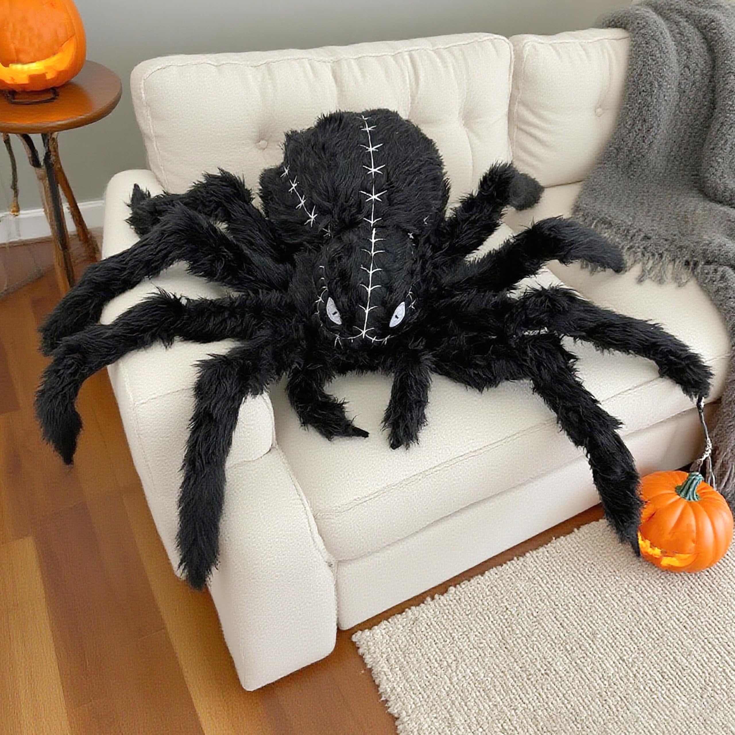Oversized Black Spider Plush – 34" Halloween Stuffed Decoration with Furry Legs & Embroidered Eyes – Giant Soft Halloween Prop
