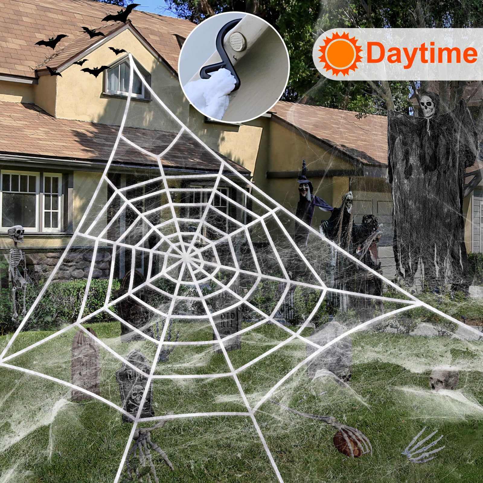 Large Lighted Halloween Spider Web – 250 LED Purple Lights with Hook & Stakes, Weatherproof Outdoor Decoration