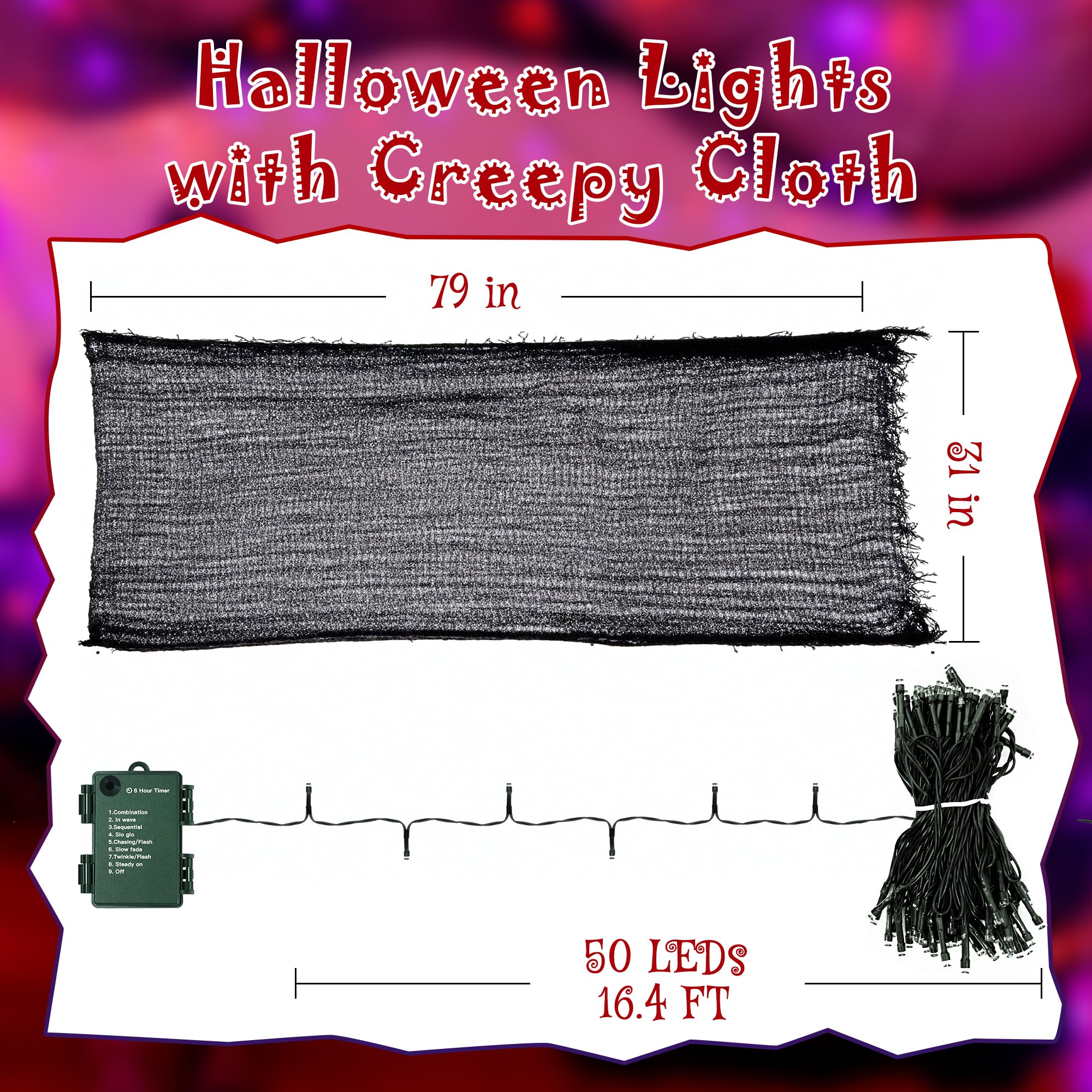 Halloween LED String Lights with Black Creepy Cloth – 50 LEDs Orange & Purple Lights, 8 Modes, Timer, Battery Powered (79 x 31 in)