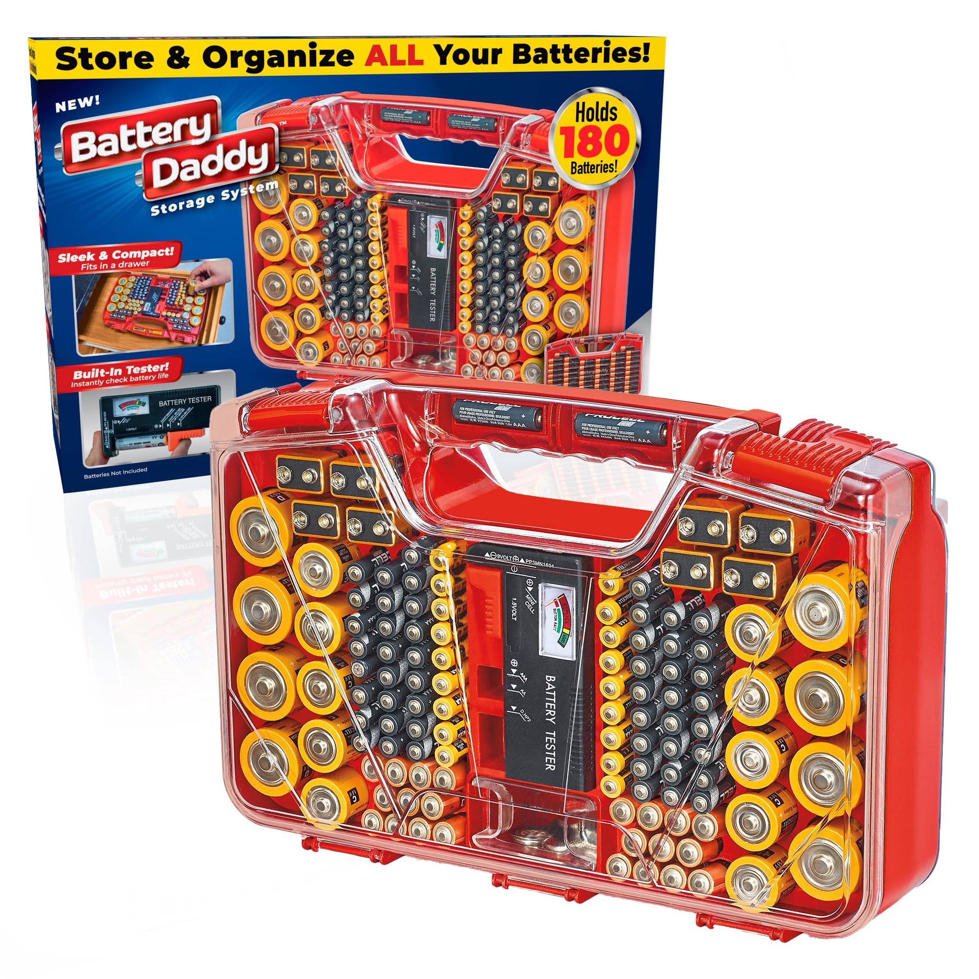 ONTEL Battery Daddy Storage Organizer Case with Tester – Double-Sided Portable Battery Holder, Stores up to 180 Batteries