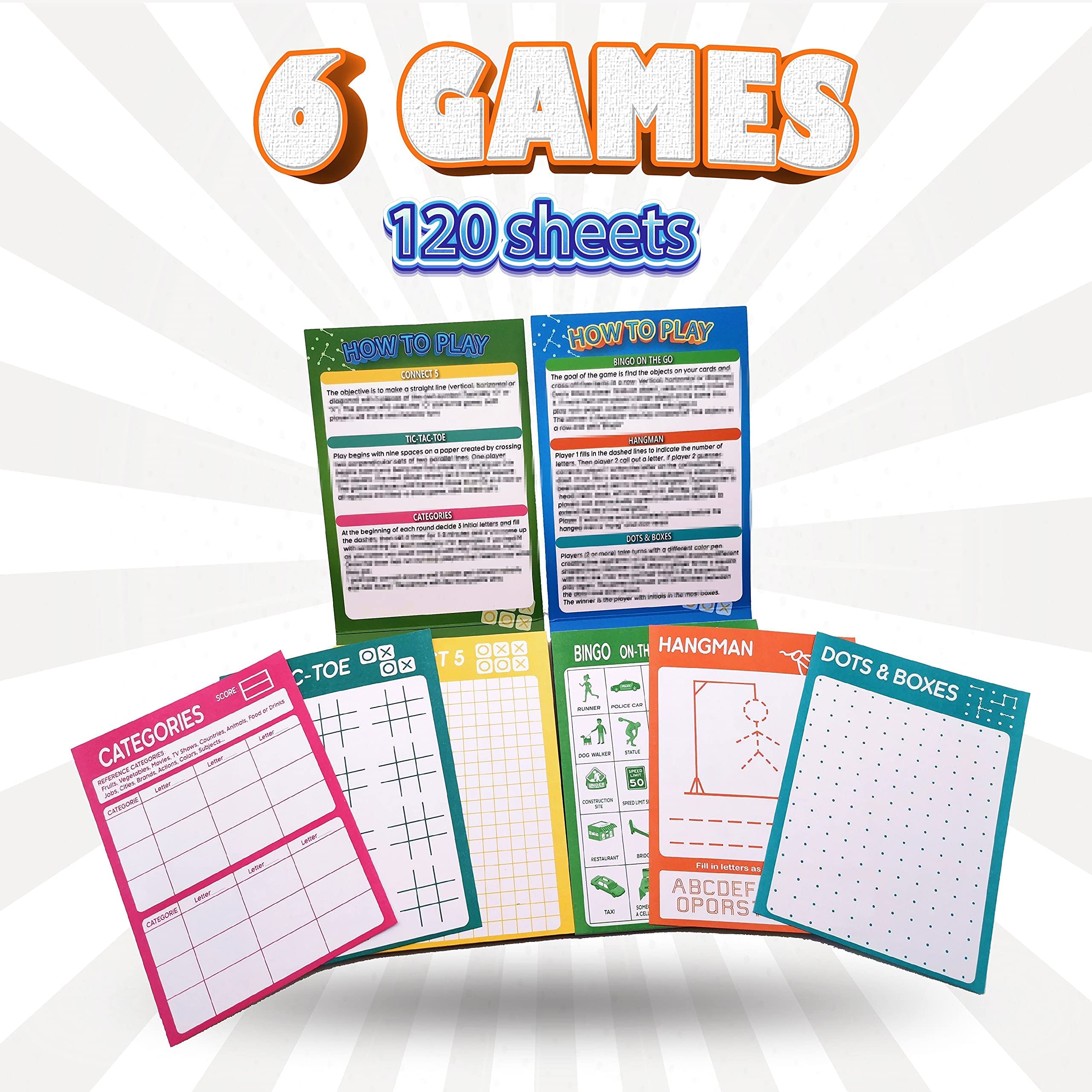 Kids Travel Activity Game Pads – 6 Classic Paper Games Set (120 Sheets, Multicolor)