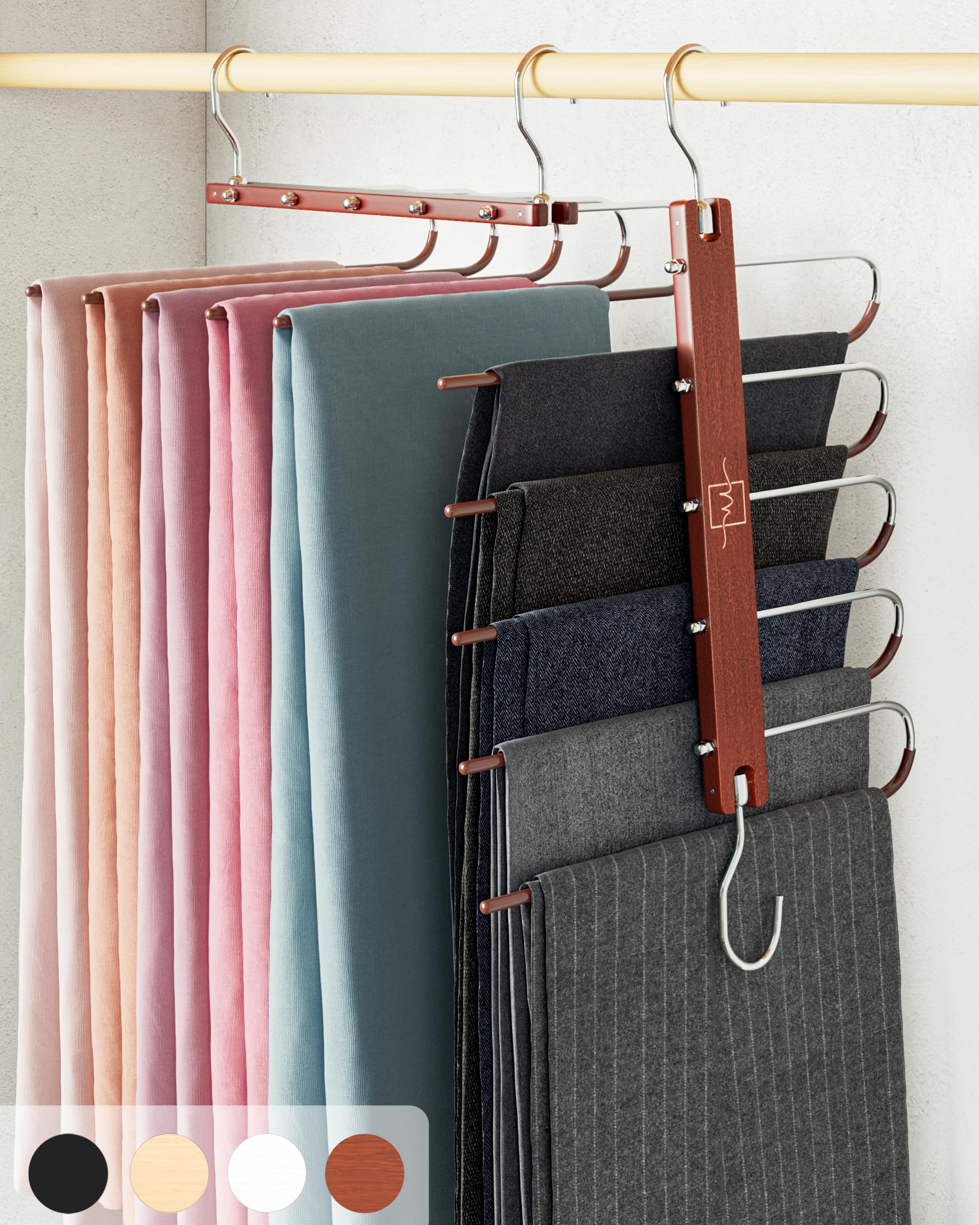 MORALVE Beechwood Pants Hangers 2-Pack – 5-Tier Space-Saving Closet Organizer with 360° Swivel Hook (Mahogany)