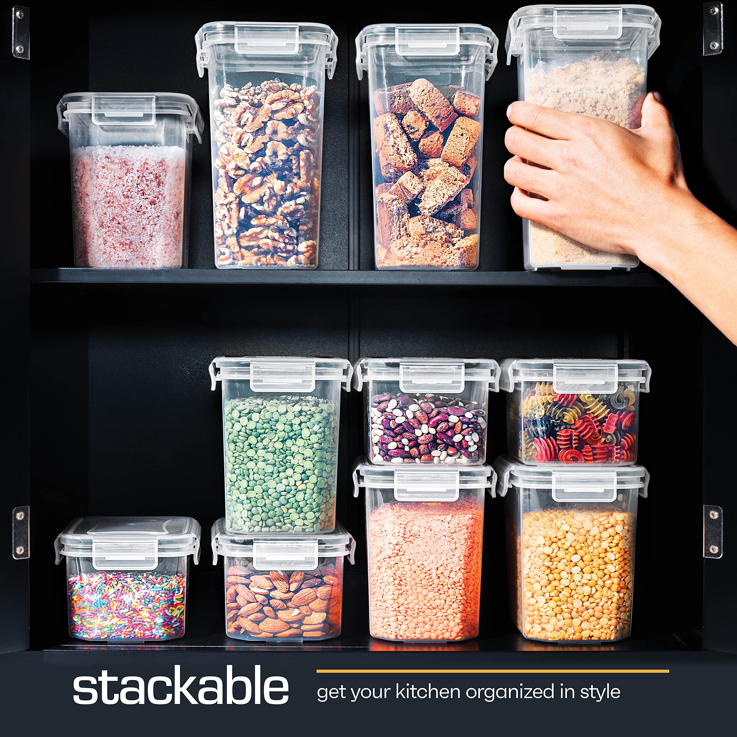 Airtight Pantry Storage Containers Set – 14 Piece Stackable Canisters with Pour Spout Lids, Labels & Scoop