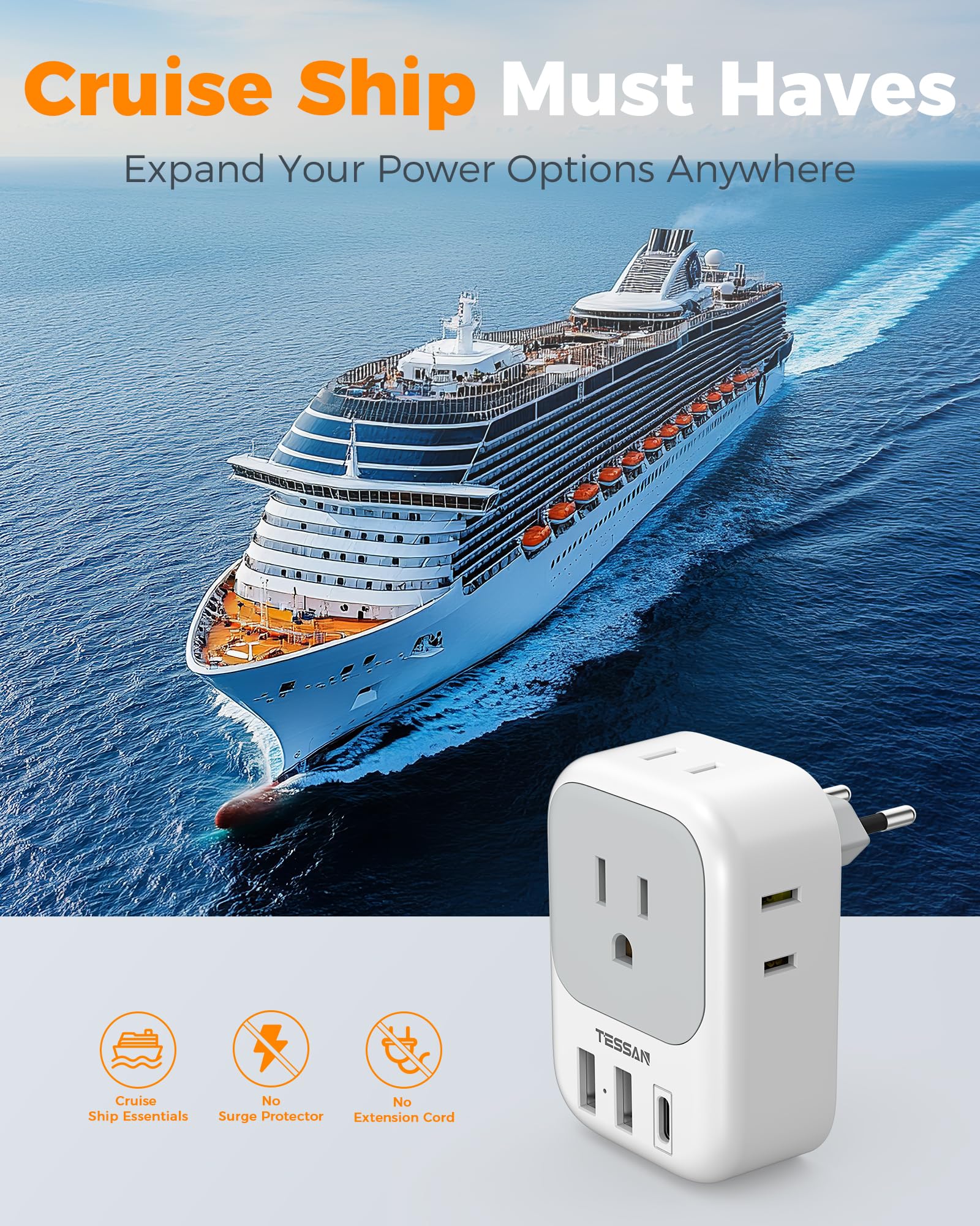 European Travel Plug Adapter with USB-C – 7 in 1 EU Power Adapter with 4 Outlets and USB Ports