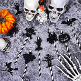 Halloween Paper Straws with Pumpkin, Bat & Witch Card Toppers – 18 Pcs Black/White Party Drinking Straws