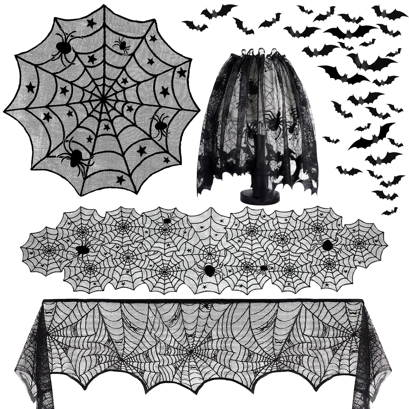 Halloween Lace Decoration Set – 5 Piece Black Gothic Décor Kit with Mantel Scarf, Table Runner, Lampshade, Round Cover & 3D Bat Wall Stickers