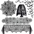 Halloween Lace Decoration Set – 5 Piece Black Gothic Décor Kit with Mantel Scarf, Table Runner, Lampshade, Round Cover & 3D Bat Wall Stickers