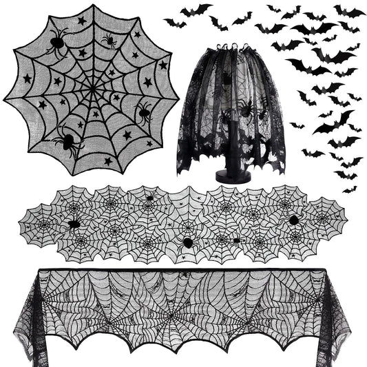 Halloween Lace Decoration Set – 5 Piece Black Gothic Décor Kit with Mantel Scarf, Table Runner, Lampshade, Round Cover & 3D Bat Wall Stickers