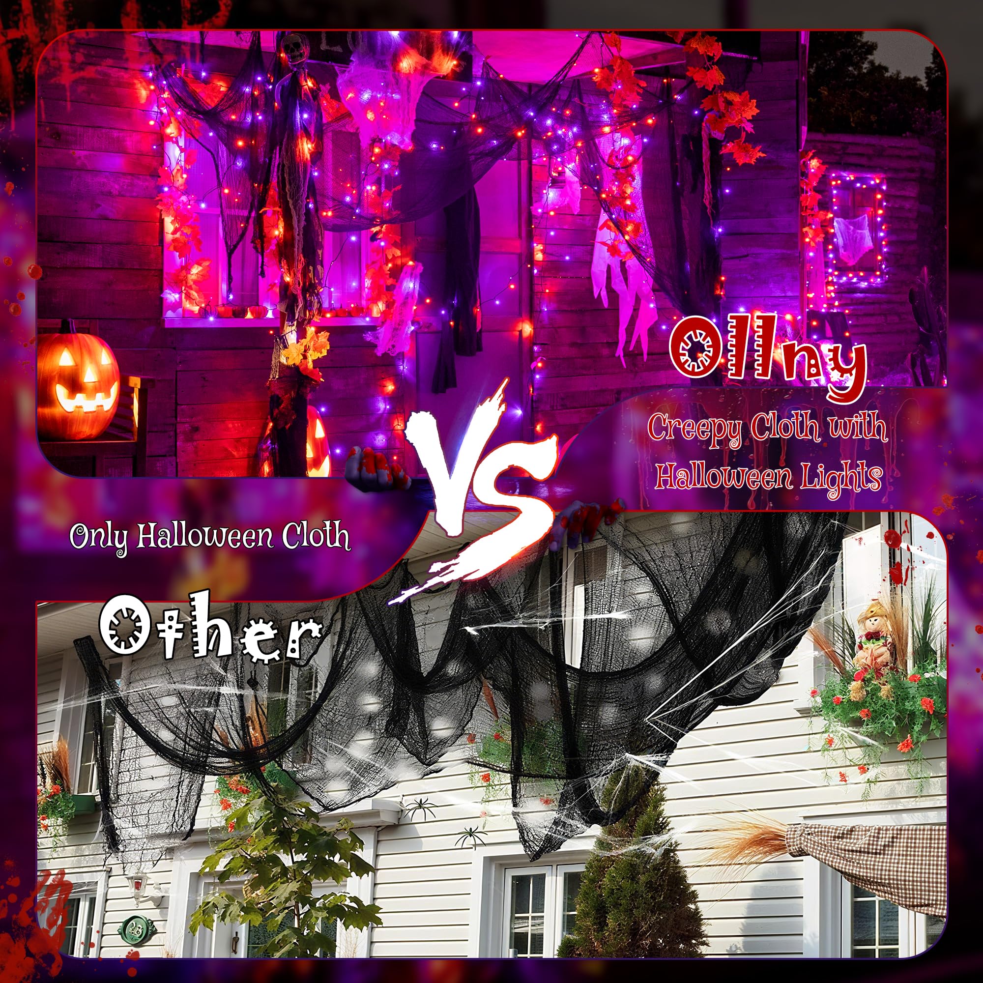 Halloween LED String Lights with Black Creepy Cloth – 50 LEDs Orange & Purple Lights, 8 Modes, Timer, Battery Powered (79 x 31 in)