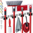 Effektivtools Self-Adhesive Mop & Broom Holder – Stainless Steel Wall Mount Organizer with 4 Clamps, 3 Hooks & Towel Clips (Clear)