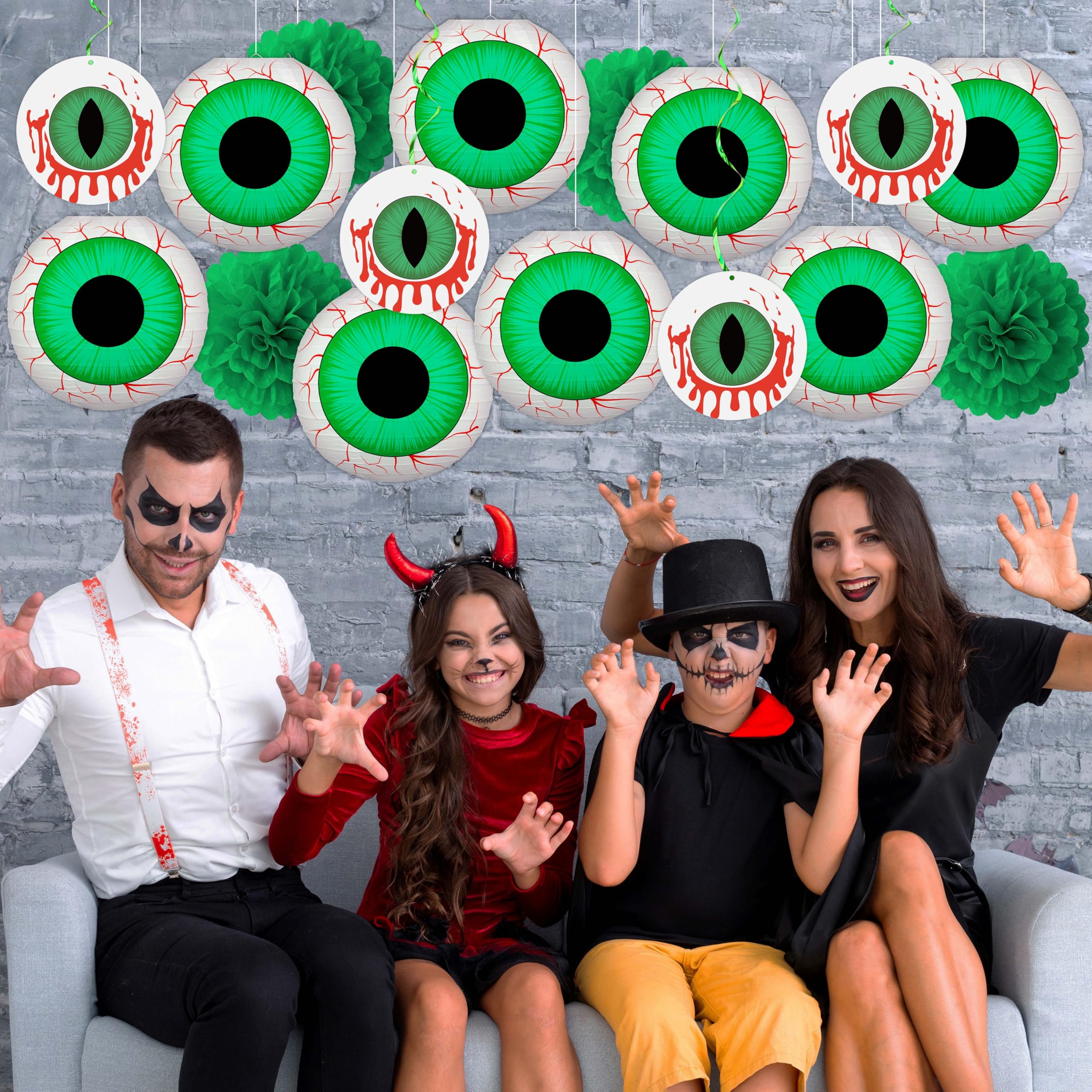 Halloween Green Eyeball Paper Lantern Set – 8 Pack with LED String Lights & Hanging Décor