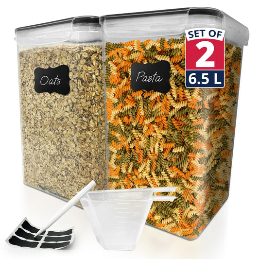 XL 6.5L Airtight Food Storage Containers (2-Pack) – BPA-Free Leak-Proof Stackable Pantry Canisters with Labels