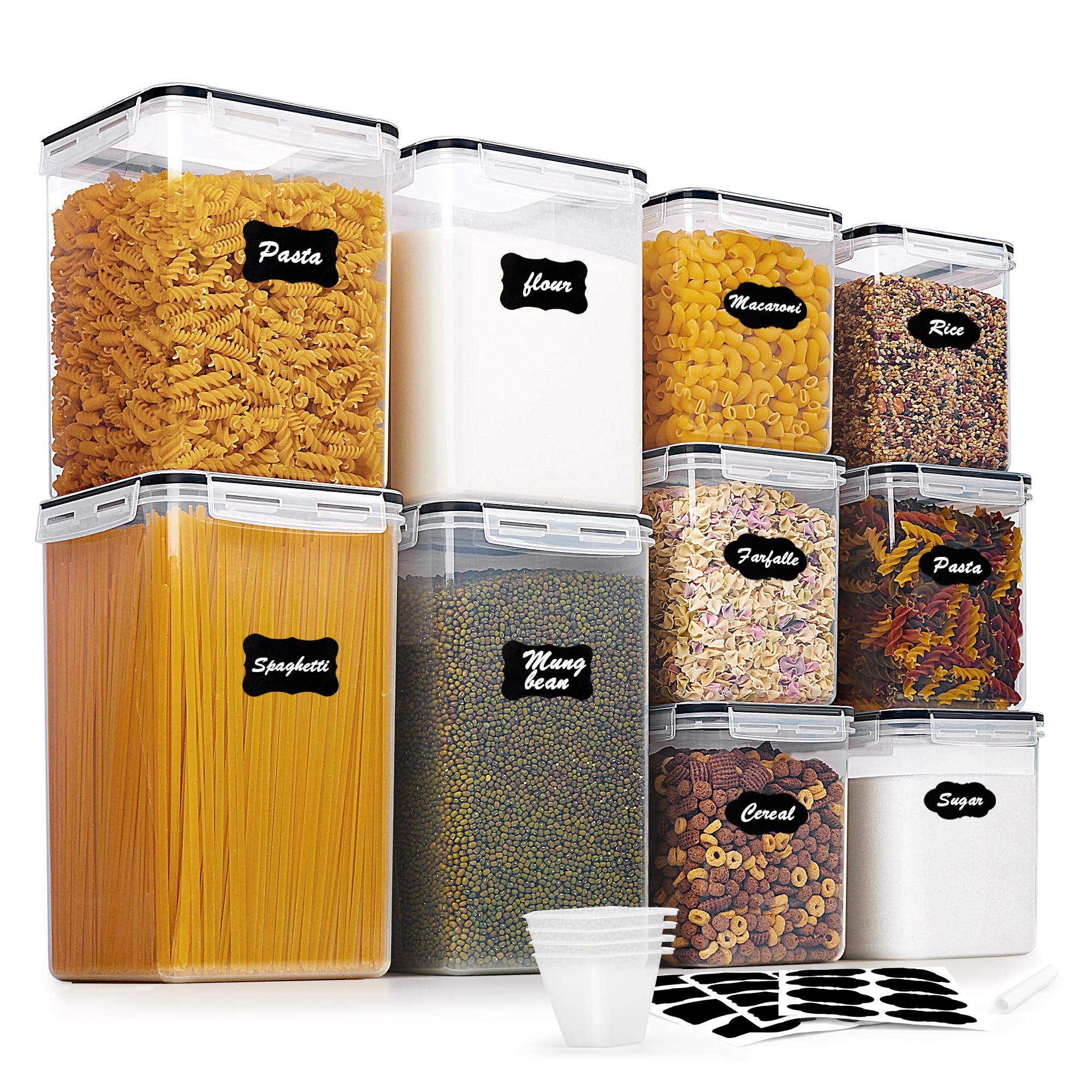 10-Piece Airtight Flour & Sugar Storage Containers Set – BPA-Free Stackable Pantry Canisters with Measuring Cups (Black)