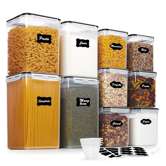 10-Piece Airtight Flour & Sugar Storage Containers Set – BPA-Free Stackable Pantry Canisters with Measuring Cups (Black)