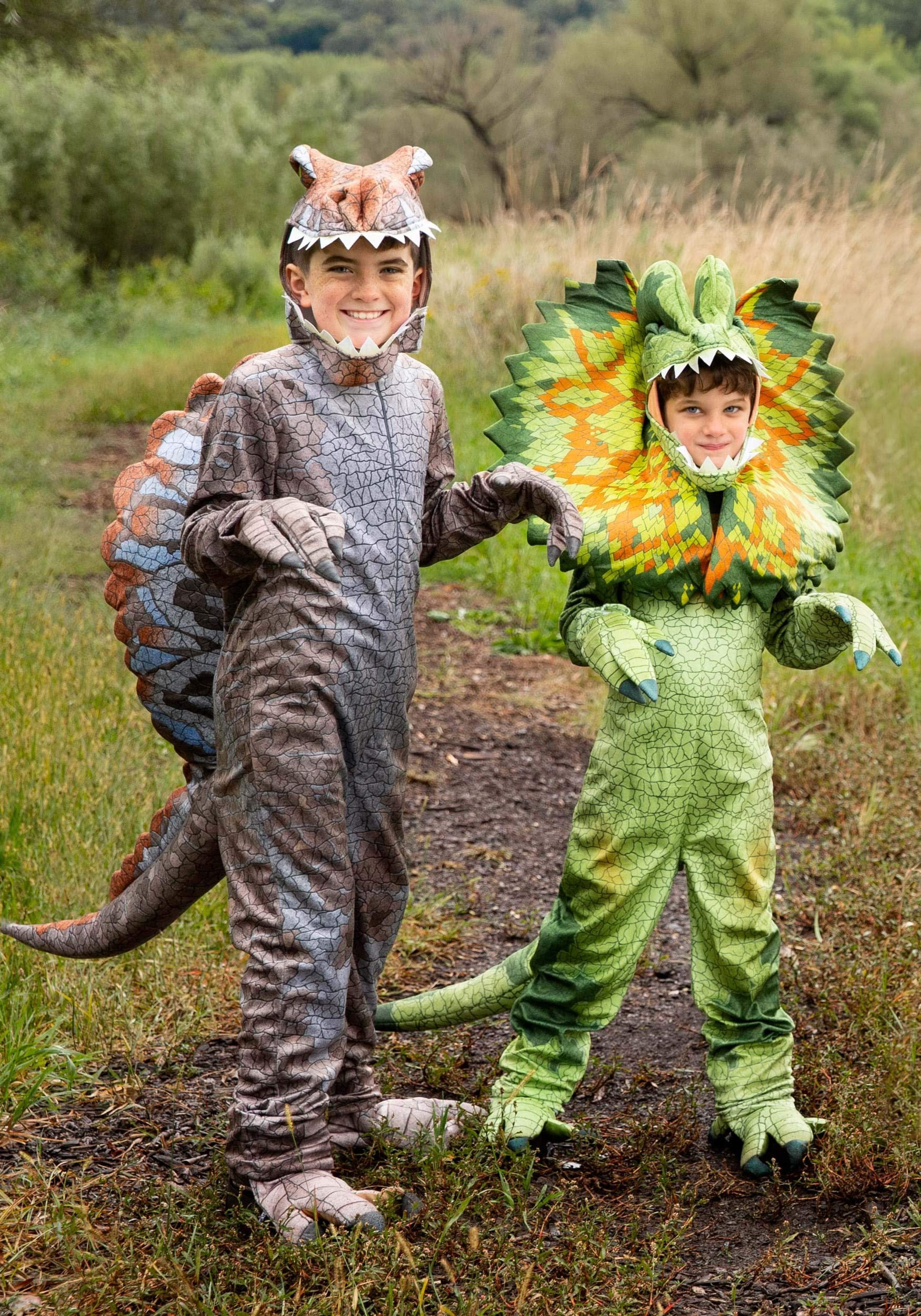 Kids Spinosaurus Dinosaur Costume – Realistic Gray Jumpsuit with Tail, Headpiece, Mitts & Shoe Covers