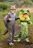 Kids Spinosaurus Dinosaur Costume – Realistic Gray Jumpsuit with Tail, Headpiece, Mitts & Shoe Covers