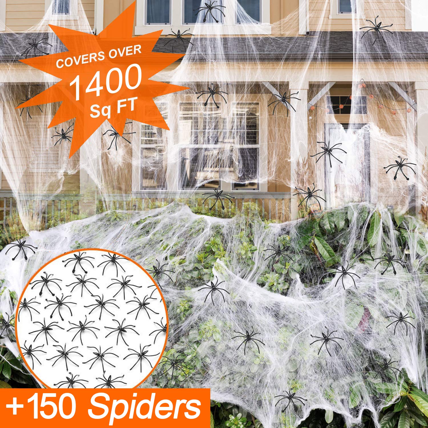 Giant Halloween Spider Web with 150 Fake Spiders – 420g Ultra-Stretch Cobwebs Covering 1400 sq ft, Indoor & Outdoor Haunted Decoration (White)