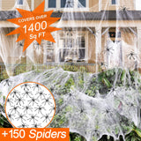 Giant Halloween Spider Web with 150 Fake Spiders – 420g Ultra-Stretch Cobwebs Covering 1400 sq ft, Indoor & Outdoor Haunted Decoration (White)