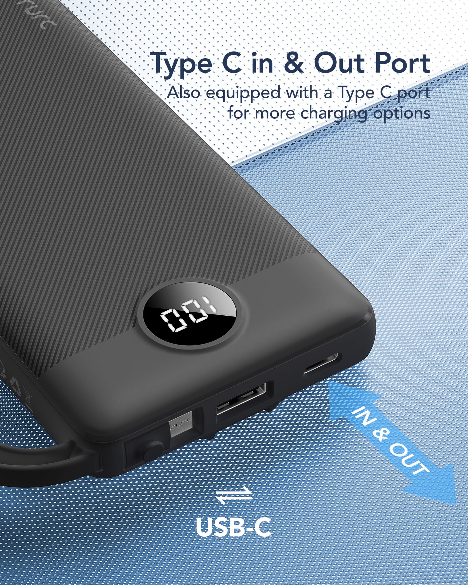 Ultra Slim 10000mAh Power Bank with Built-In Cables & LED Display – Fast Charging Portable Battery Pack (Black)