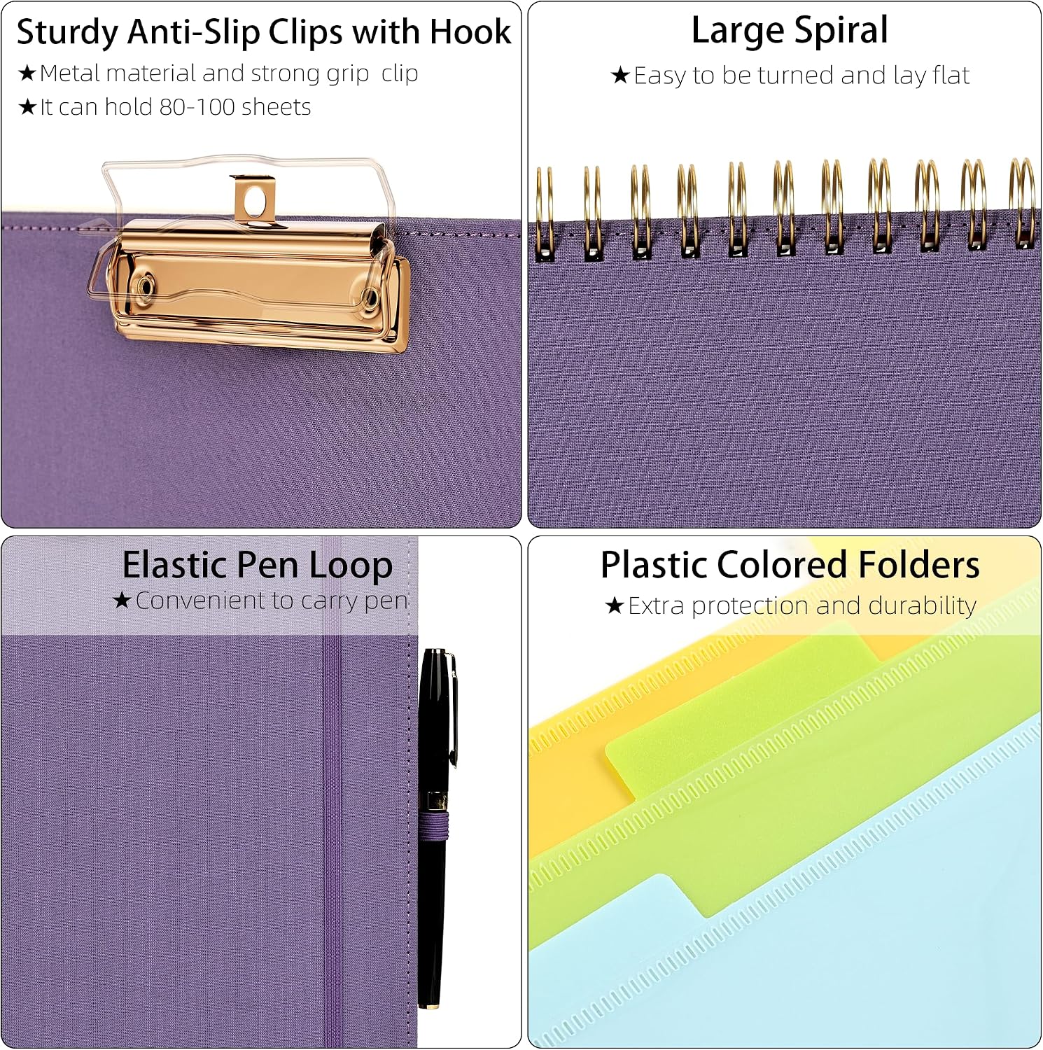 Purple Foldable Clipboard Folio with 10 Storage Pockets