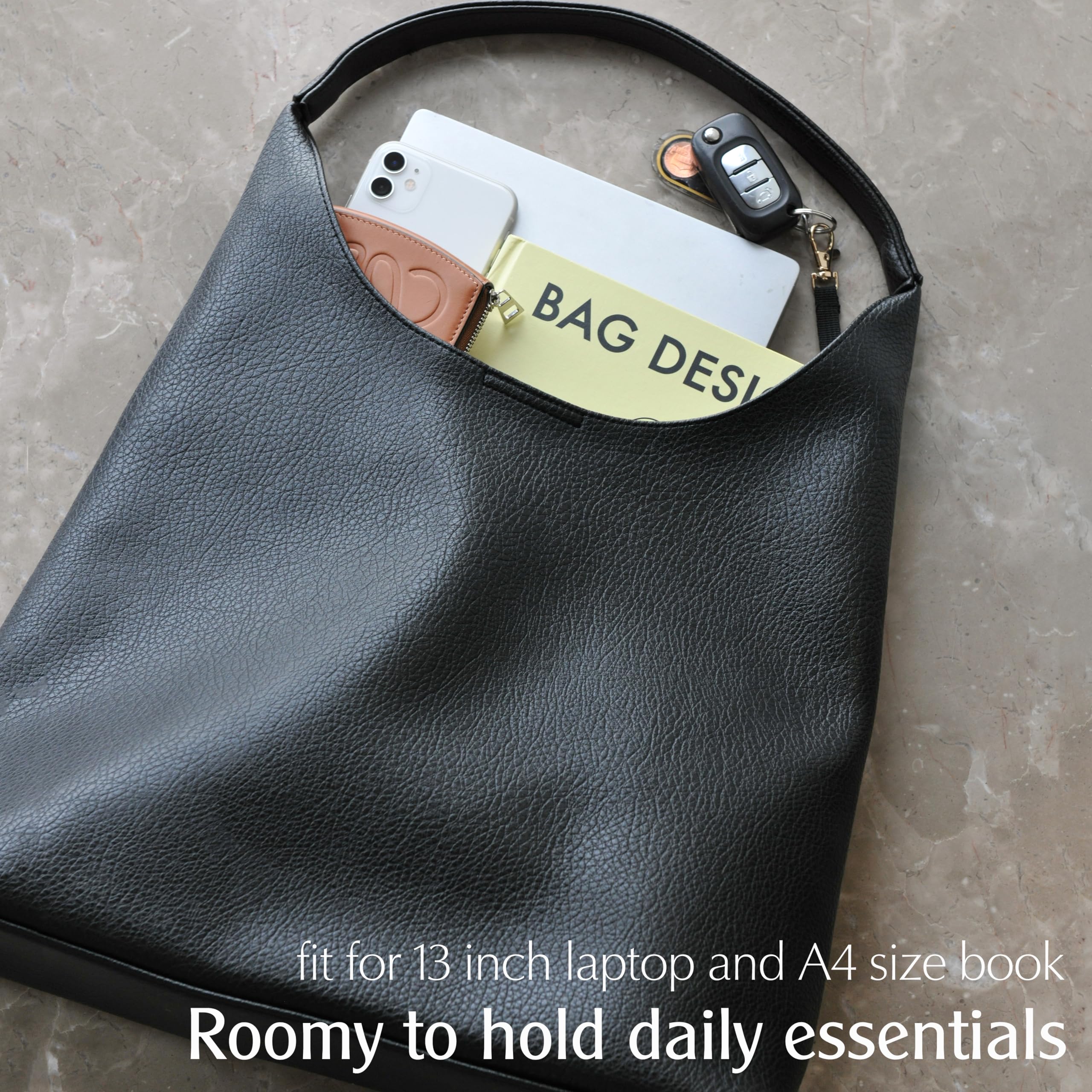 Soft Vegan Leather Hobo Bag for Women – Slouchy Shoulder Handbag with Spacious Interior (Black)