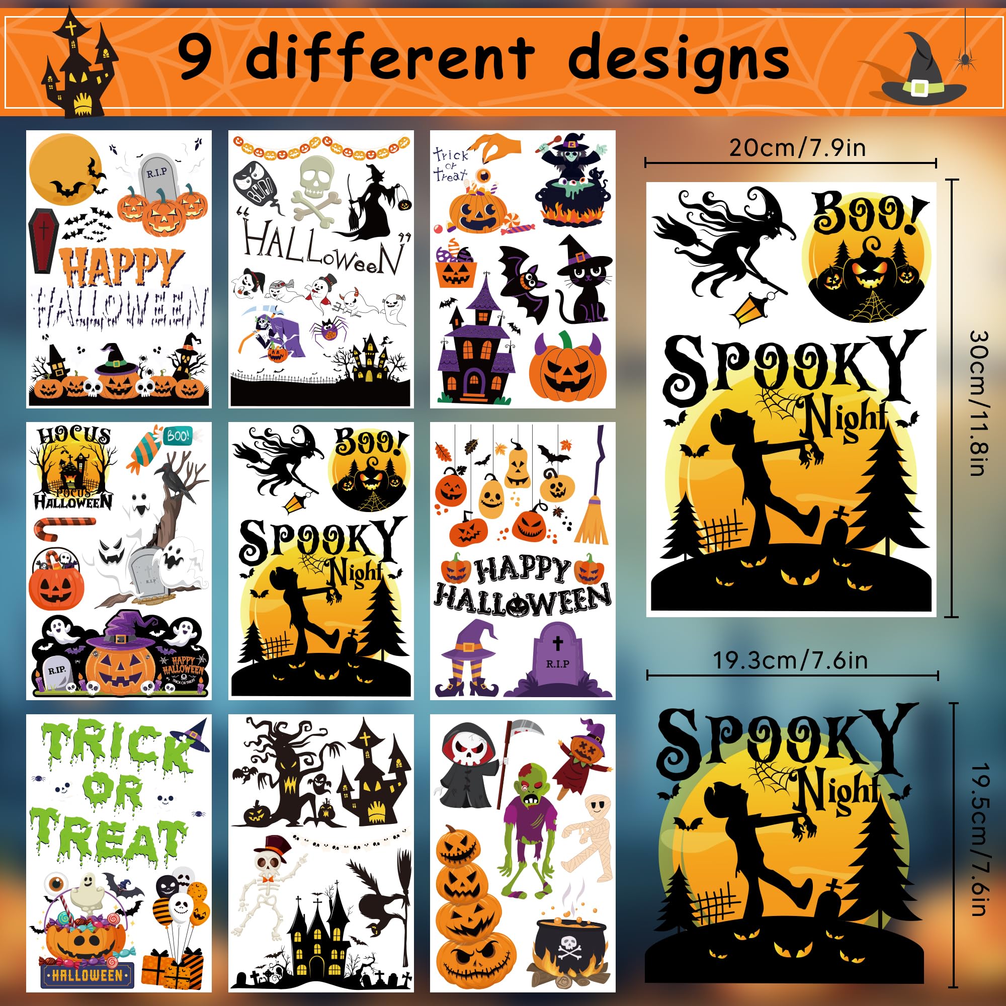 Halloween Window Clings Set – 50 Double-Sided Reusable Stickers for Indoor & Party Decorations (9 Large Sheets, Black Theme)