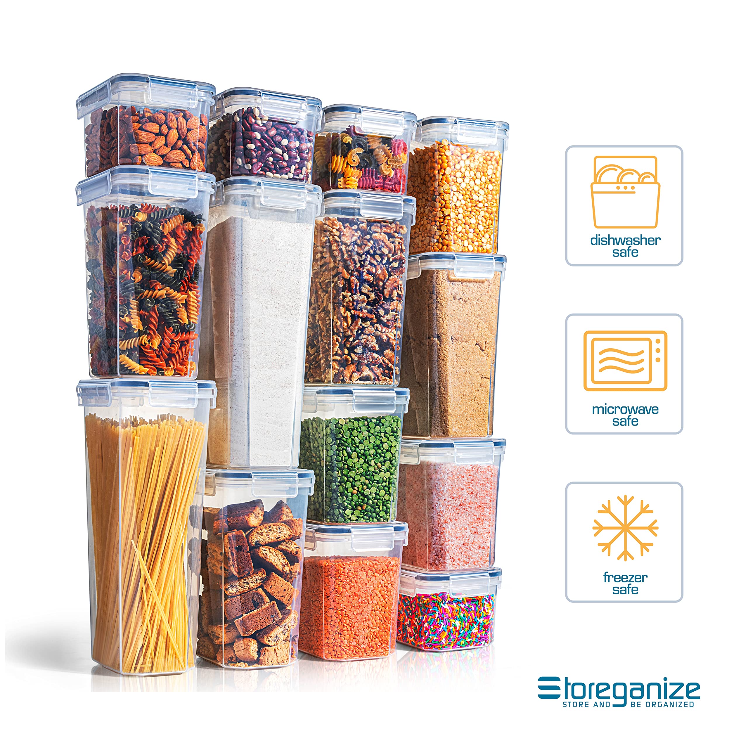 Airtight Pantry Storage Containers Set – 14 Piece Stackable Canisters with Pour Spout Lids, Labels & Scoop