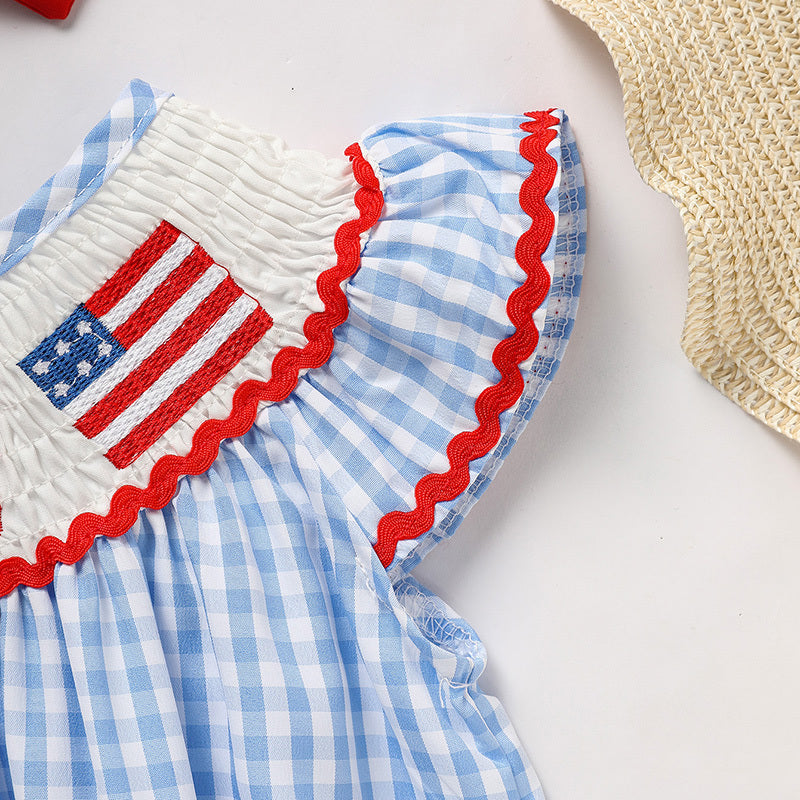 Baby Girl 4th of July Outfit – American Flag Embroidered Smocked Bubble Romper with Matching Headband