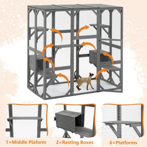 Outdoor Wooden Cat House & Large Cat Cage – Multi-Level Enclosure with Jump Platform, Apartment & Weather-Resistant Roof