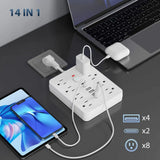 14-in-1 Wall-Mounted Power Strip with Overload Protection, One-Touch Control Switch, 8 AC Outlets & 6 USB Ports (Including 2 Type-C Ports) – Flexible Soft Cord Design for Office, Home, or School Use, Office Charging Hub | M - PulinGO