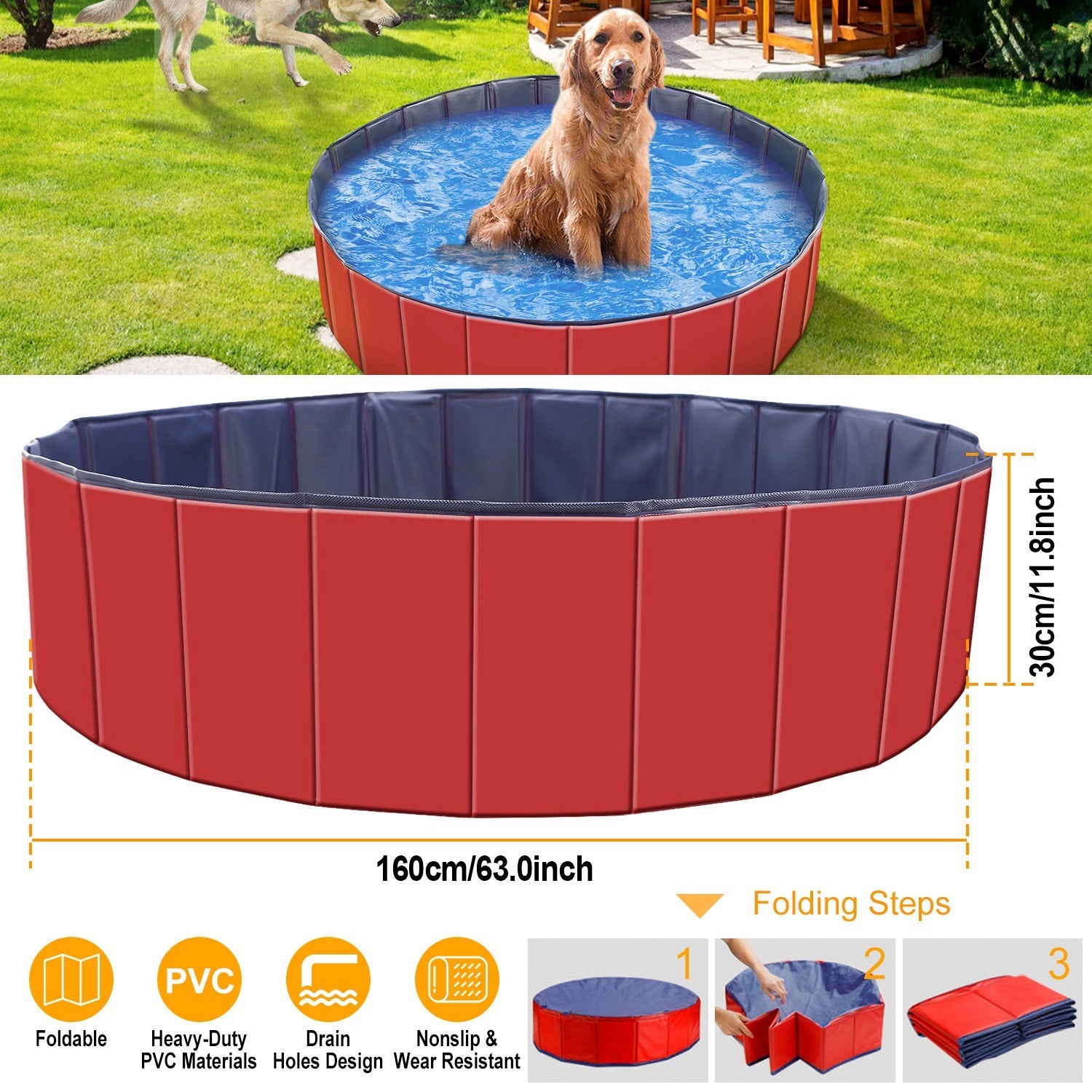 Foldable Pet Swimming Pool – 160×30 cm Heavy-Duty PVC Splash Pool for Dogs & Cats