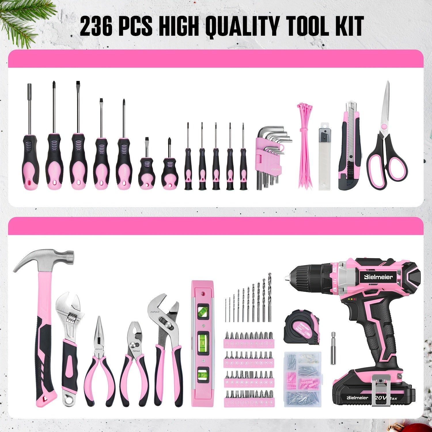 Bielmeier 20V Pink Cordless Drill & 236-Piece Tool Kit with Bag