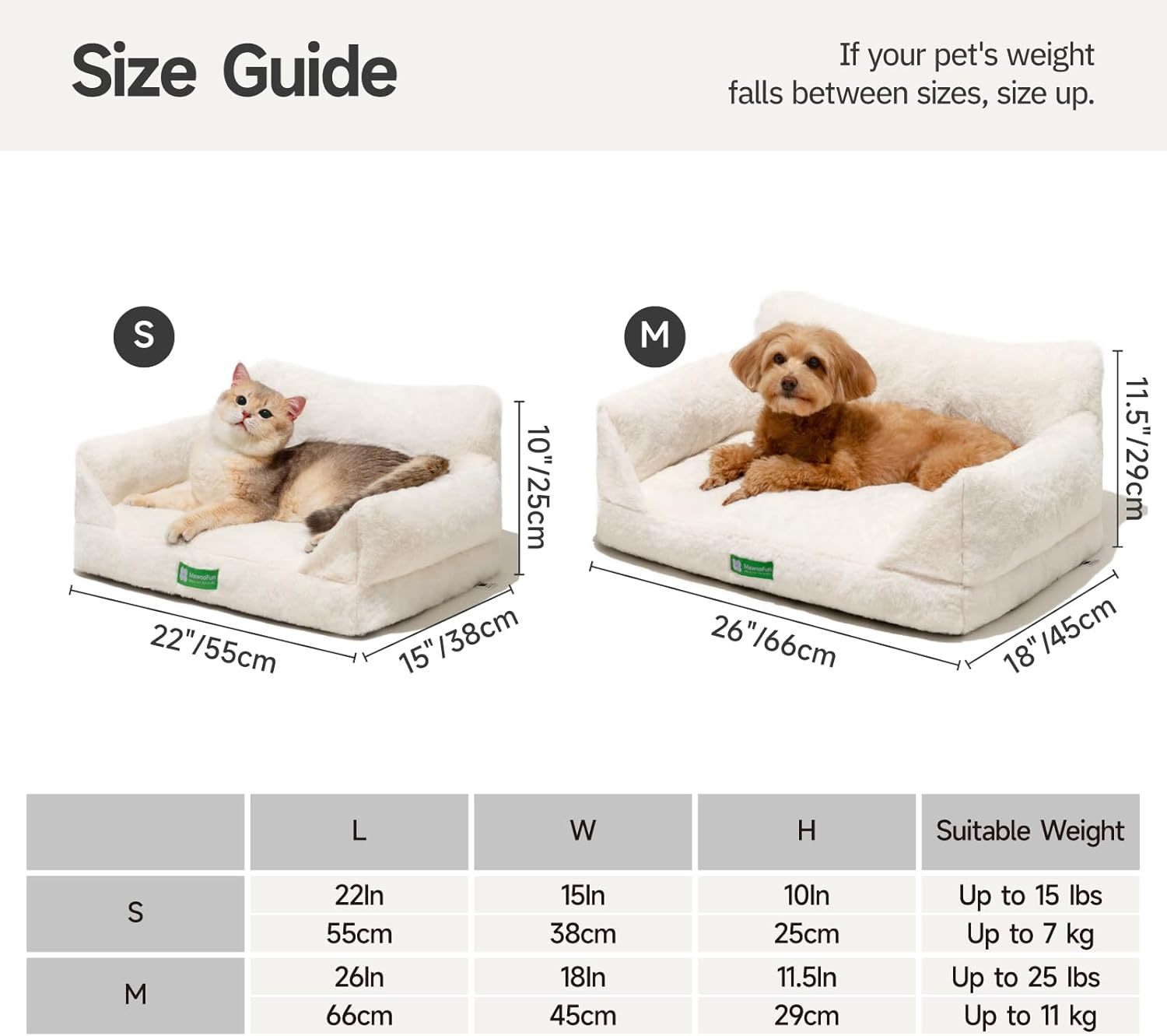 Mewoofun Cat Sofa Bed – Medium White Washable Pet Bed with Removable Cover & Non-Slip Bottom for Cats & Small Dogs