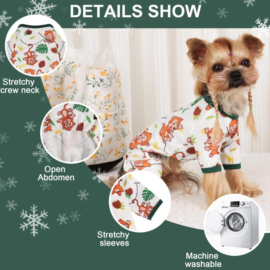 Dog Pajamas PJs – Soft Stretchy Clothes for Small Dogs & Cats, Brown Monkey Print Onesies for Puppies, Chihuahuas & Yorkies