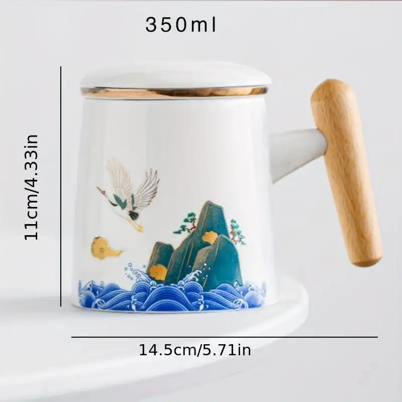 Crane-Patterned Ceramic Teacup with Lid & Filter – Perfect Gift - PulinGO