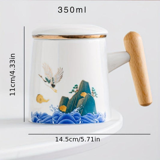 Crane-Patterned Ceramic Teacup with Lid & Filter – Perfect Gift - PulinGO