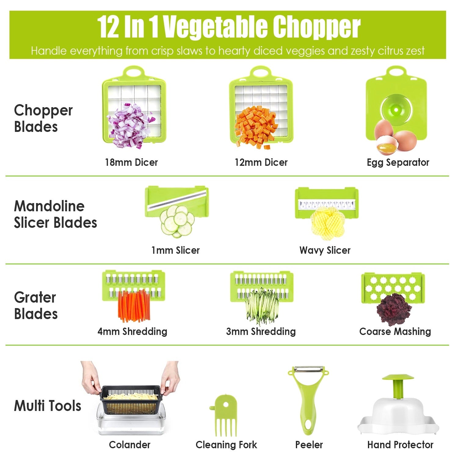 12-in-1 Vegetable Chopper with Container – Multifunctional Slicer, Dicer, Grater, Peeler & Kitchen Tool Set