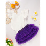 Baby Girl Mardi Gras Outfit 🎭 Ruffle Sleeve Bodysuit + Mesh Tutu Skirt + Hairband Set