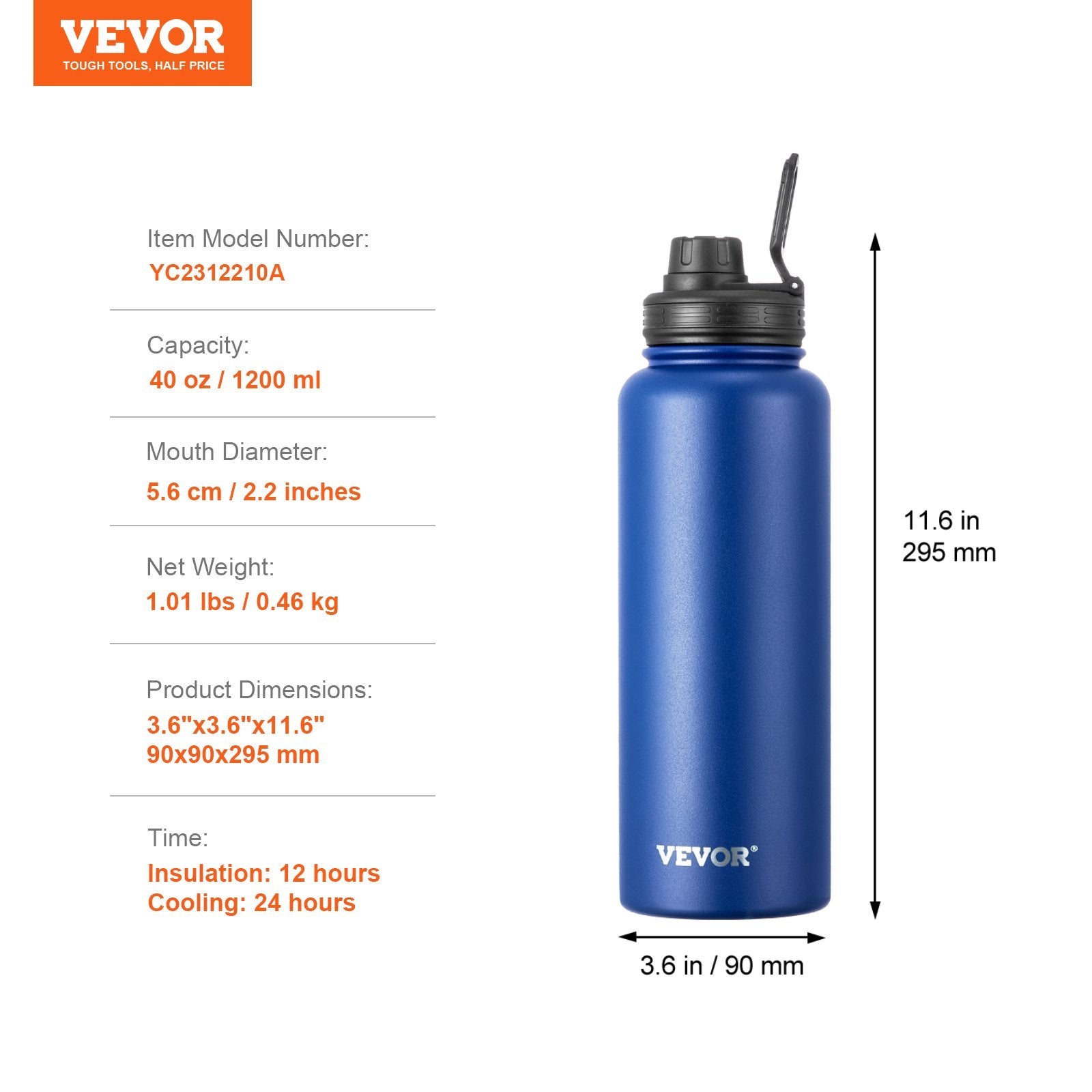 40 oz Insulated Water Bottle with 3 Lids - Stainless Steel Vacuum Flask for Hot & Cold Drinks