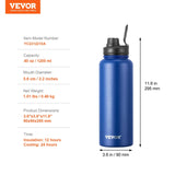 40 oz Insulated Water Bottle with 3 Lids - Stainless Steel Vacuum Flask for Hot & Cold Drinks
