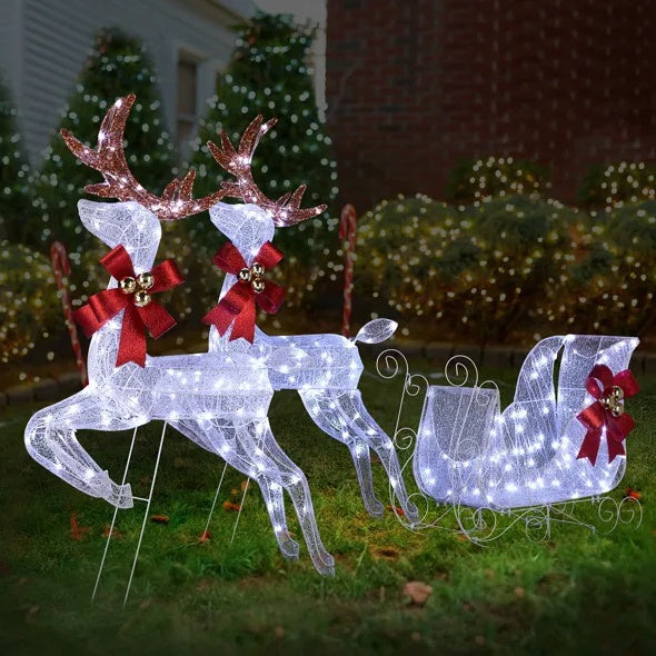 3-Piece Lighted Set – 2 Reindeer & Sleigh with 270 Pre-lit White LEDs, Weather-Proof Outdoor Christmas Decoration with Stakes