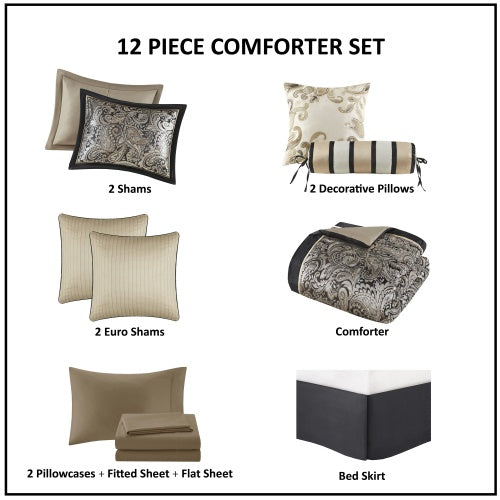 12-Piece Comforter Set with Cotton Bed Sheets – Full Size, Black Paisley Jacquard Comforter, Includes Sheets, Bed Skirt, Shams, and Decorative Pillows