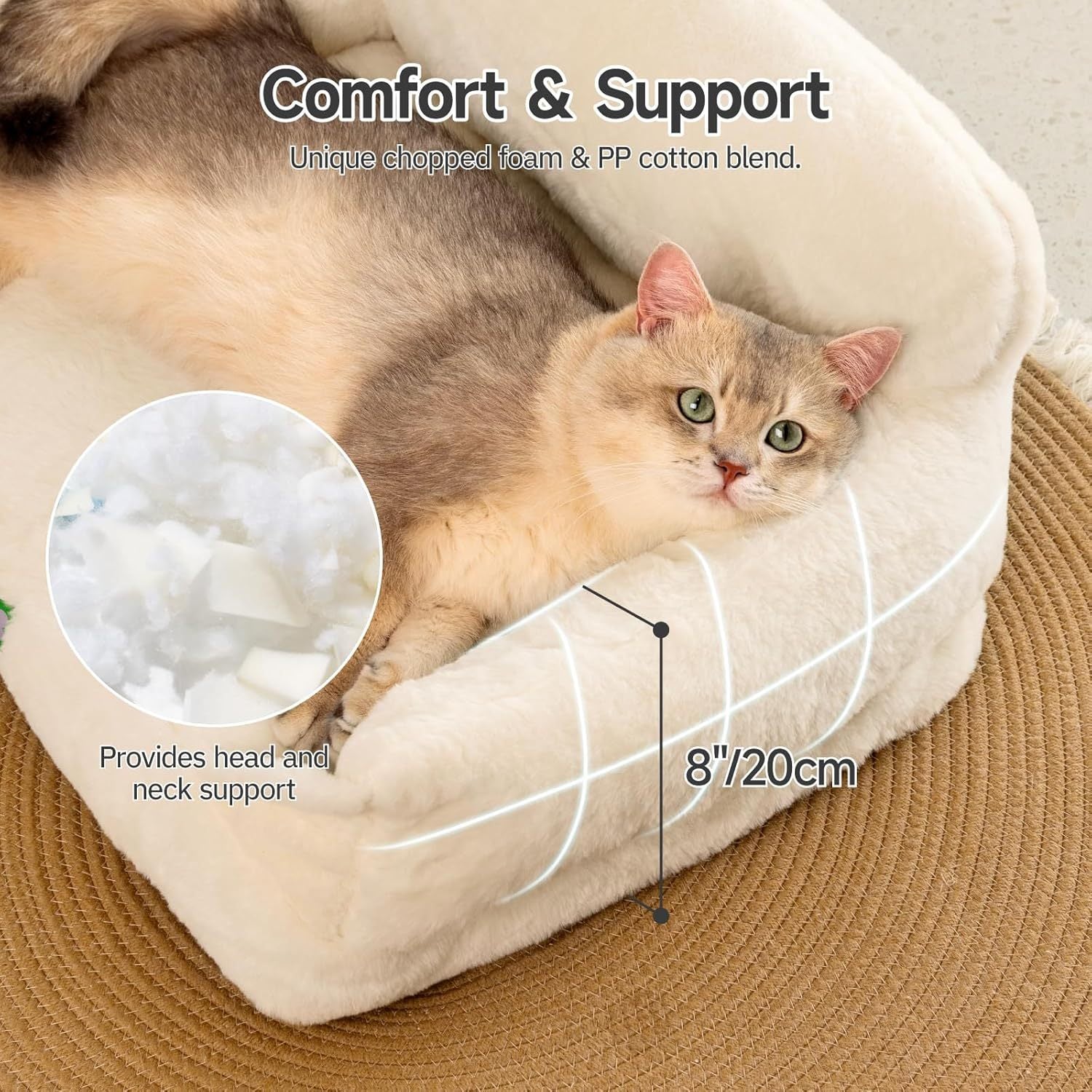 Mewoofun Cat Sofa Bed – Medium White Washable Pet Bed with Removable Cover & Non-Slip Bottom for Cats & Small Dogs