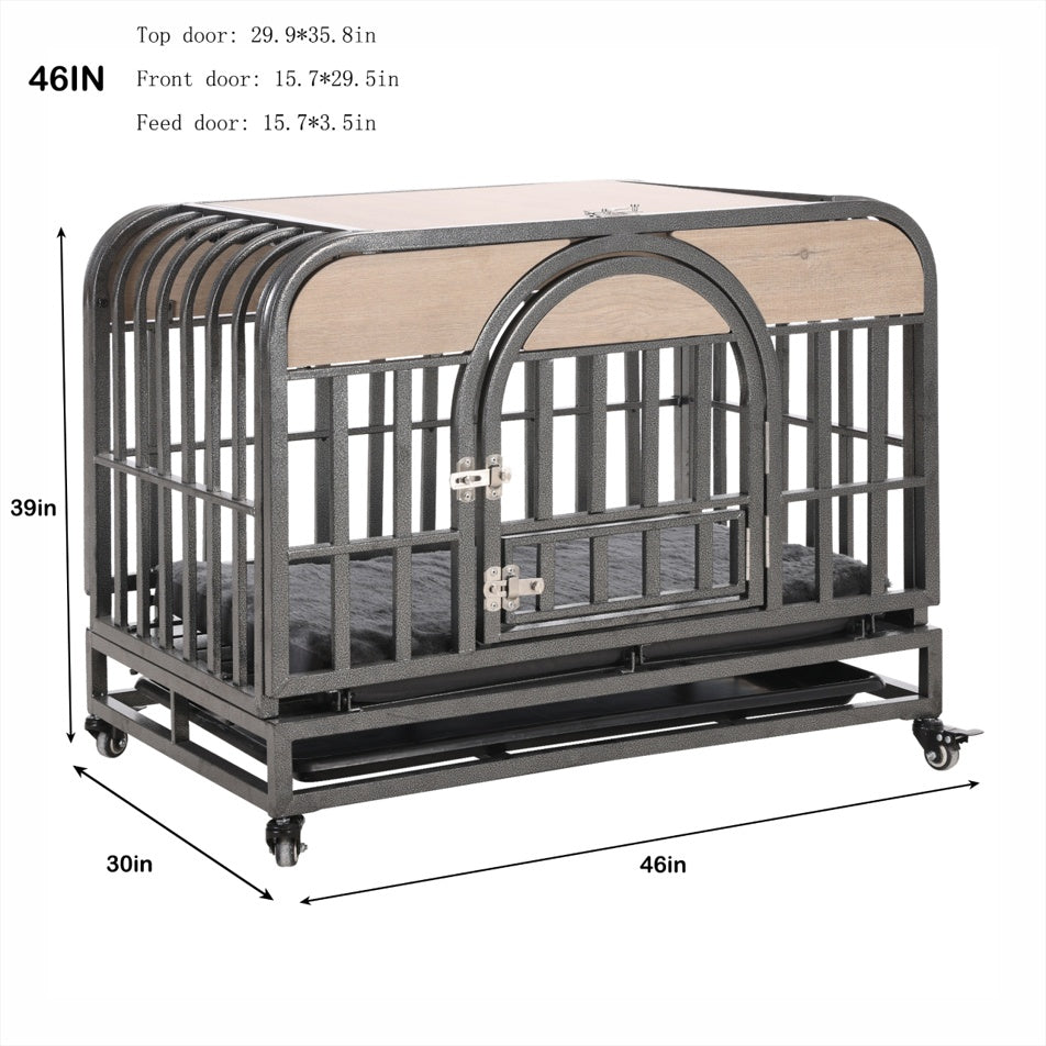 46" Heavy-Duty Furniture-Style Dog Crate with Removable Trays & Wheels