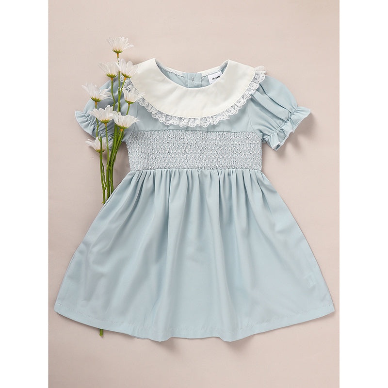 Toddler Girls Smocked Dress – Cute Puff Short Sleeve Princess Outfit with Lace Crew Neck, Elegant Party Dress for Birthdays & Special Occasions
