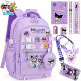 Kuromi Large-Capacity Backpack Set – Kids & Teens Bookbag + Coin Purse + Plush Charm + Stationery Set + Badge Bundle